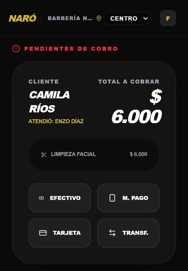Pantalla de cobro: total a cobrar y medios de pago